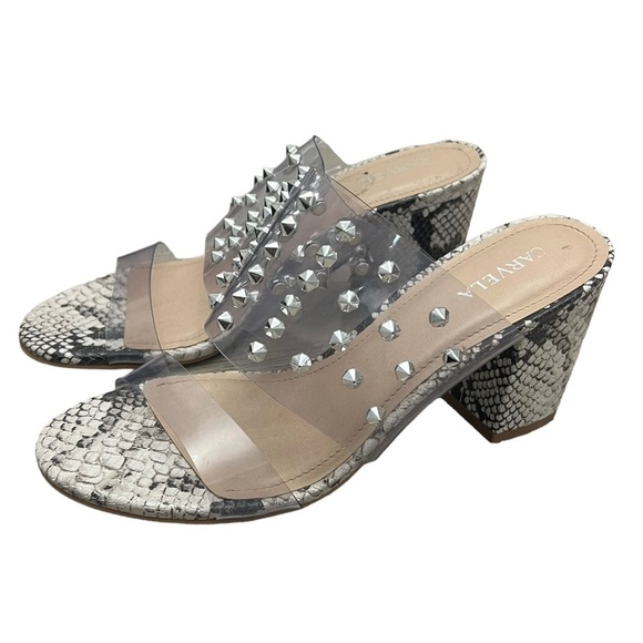 Carvela Made in Brazil Studded Clear Snake Print Block Heel Sandals Size 38 - Picture 3 of 9